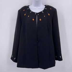 Black Beaded Blazer Maxie Klein Sz 16 Business Formal Shoulder Pads Lined Jacket